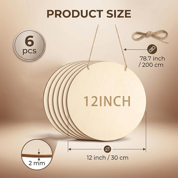6 Pack Round Wooden Discs, Unfinished Wood Circles for Crafts DIY Projects Painting, Holiday Decorations Wooden Door Hanger Signs, 12 Inch