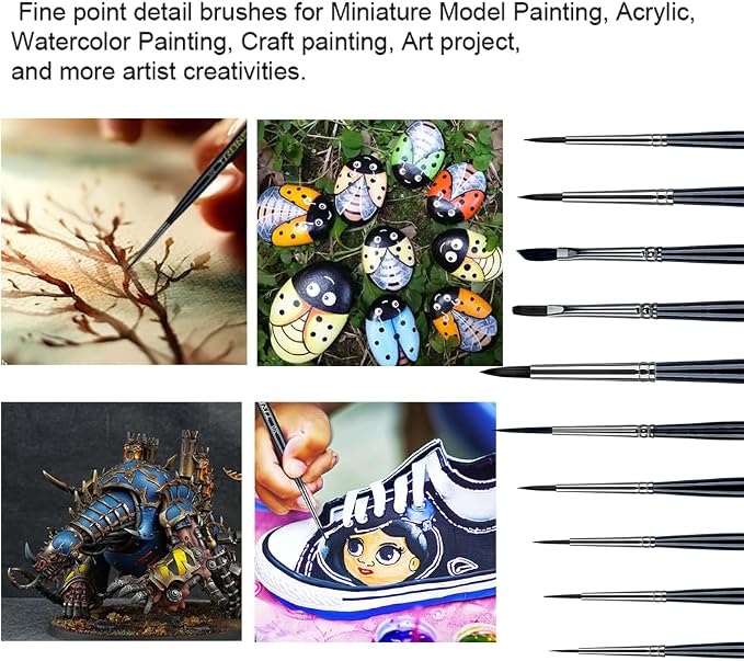 Transon 10pcs Small Detail Miniature Model Painting Brush Set for Acrylic Watercolor Gouache Ink Tempera and Body Painting