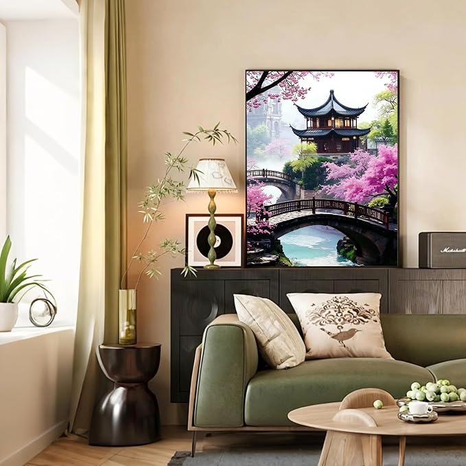 Cherry Blossom Paint by Numbers Kit for Adults with Frame & Easel 12x16in | 32 Colors, Adult Paint by Numbers, Japanese Scenery Canvas Paint by Numbers for Adults, DIY Acrylic Painting Kits on Canvas