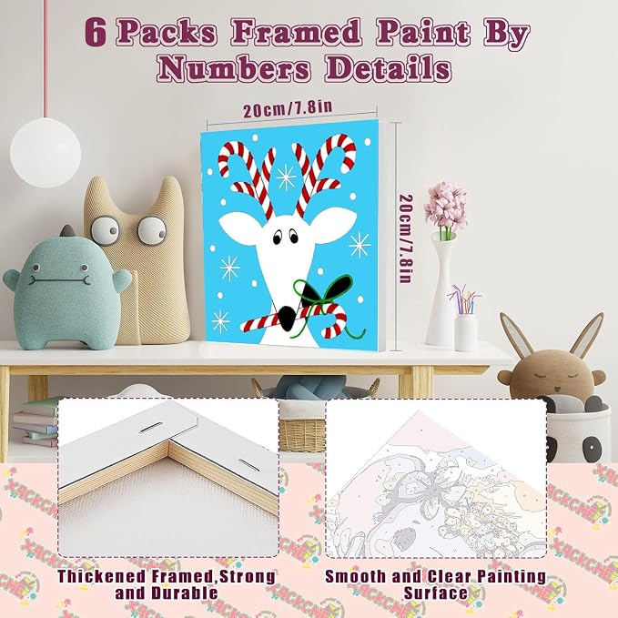 SYDYLH 6 Packs Framed Chrsitmas Paint by Numbers Kit for Kids Ages 8-12,Snowman Easy Acrylic Paint by Number Framed on Canvas,Number Painting Paint by Numbers Kit for Home Wall Decoe 8x8inch