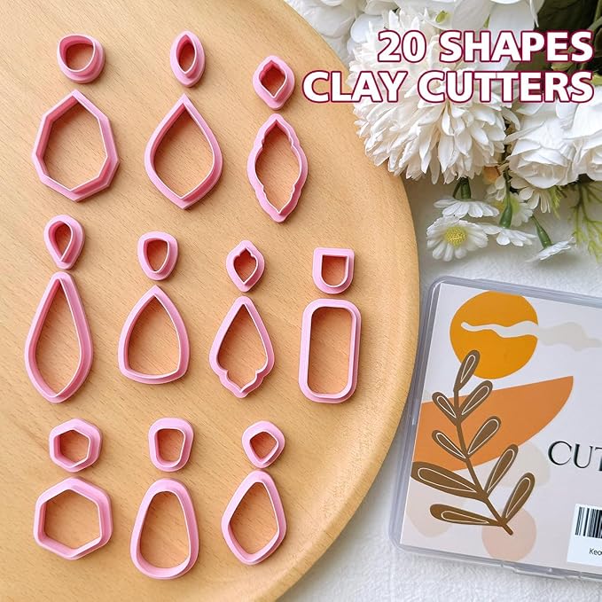 KEOKER Clay Cutters, Organic Polymer Clay Cutters for Earrings Making, 20 Shapes Floral Polymer Clay Cutters, Studs Clay Cutters for Polymer Clay Jewelry (A+B)