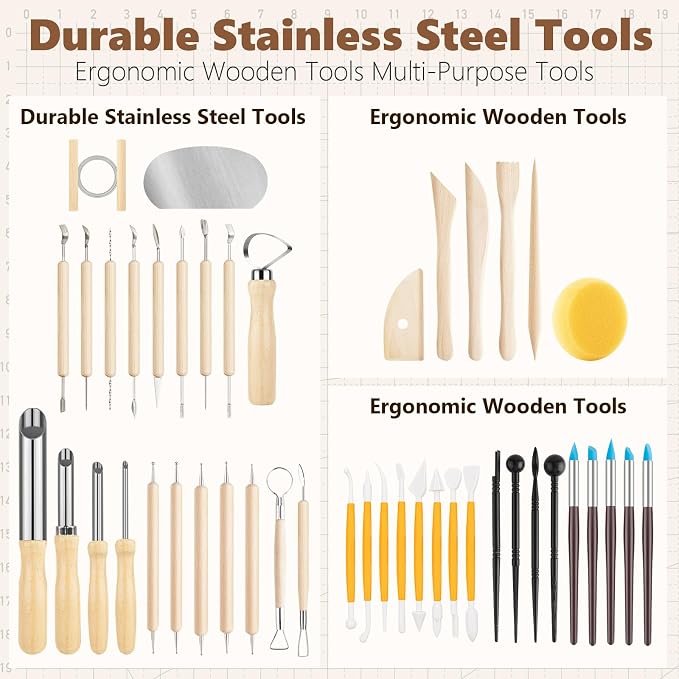UUSYCUN 52PCS Pottery Tools for Sculpting, Ceramics Clay Tools for Pottery Kiln, Pottery Wheel, Trimming, Carving, Modeling, Beginners, Polymer Clay, Air Dry Clay, Pros, Adults, Crafting Supplies