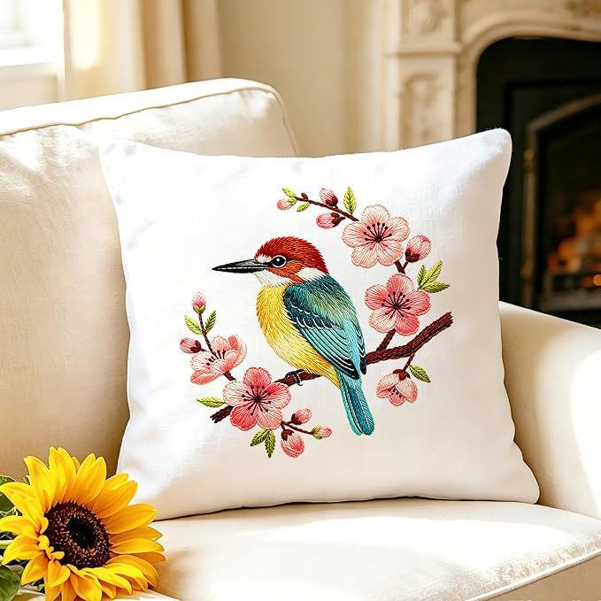 BEUNITONE 6 Set Embroidery Kit for Beginner Adults, Hummingbird & Flower Cross Stitch Set with Stamped Pattern Hoops Threads Cloth Needles, Embroidery Starter Kit for Home Decoration and Gifting