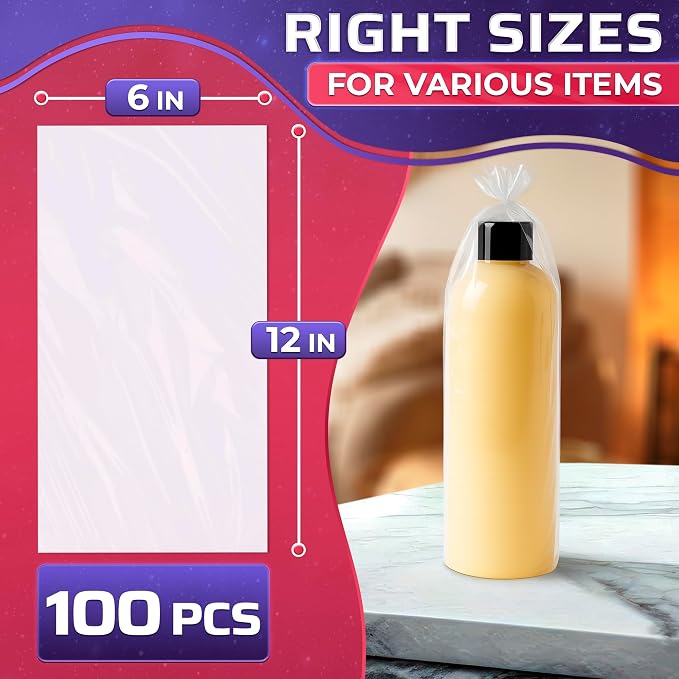 PalaYou 100 Pcs Heat Shrink Wrap Bags 6x12, PVC Film (Clear), Gift Sets | Shrink Wrap for Bottles, Candles, and Makeup Brushes; Hair Dryer or Heat Gun Use; Dust and Moisture Cover; Gift Packaging