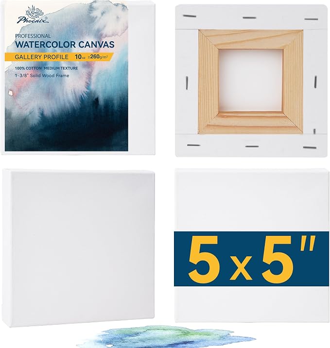 PHOENIX Gallery Depth Watercolor Canvas - 5x5 Inch/4 Pack, 1.5 in Deep 100% Cotton Water Color Square Canvases for Painting, 260g Medium Texture Canvas for Water Based Paints