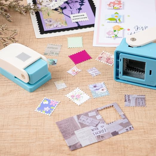 3 Pcs Stamp Punch, 1x0.8inch Medium Stamps Shaped Punch, 1 Inch Square Stamps Hole Puncher, 0.6x0.5 Inch Mini Rectangle Stamp Cutter, Lever Craft Paper Punches for Crafting Diy Scrapbooking Journaling