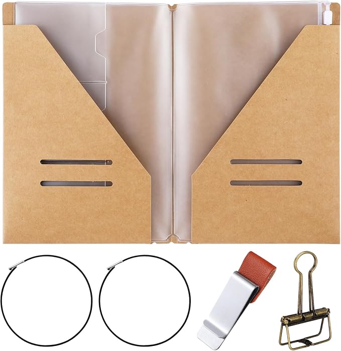 Mooliwe 1 Pack Travelers Journal Notebook Accessories Kit, A5 Size | Kraft File Folder, Zipper Case, Pen Holder, Binder Clip and Elastic Bands, Refillable Insert Organizer for Travel Journals