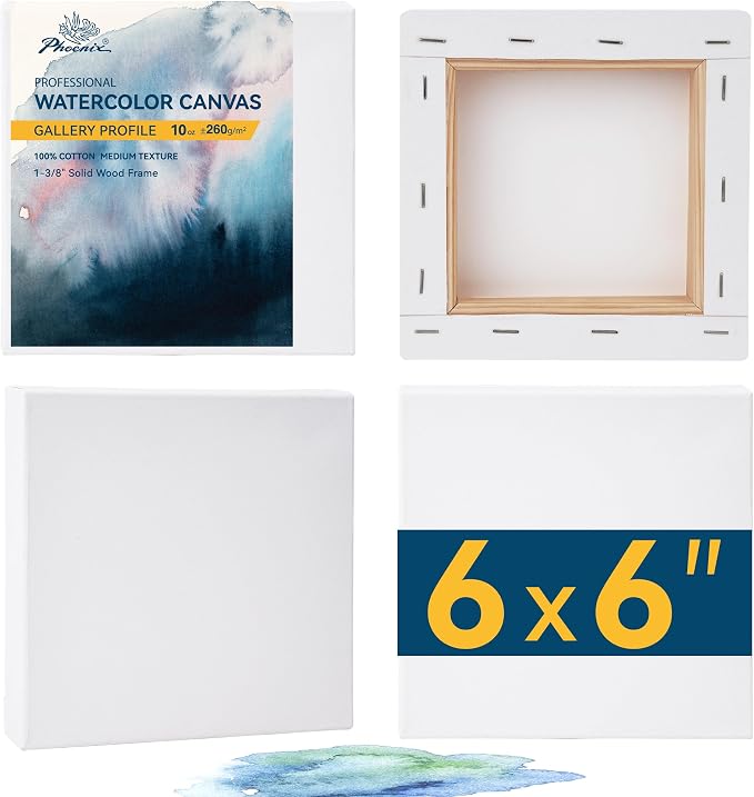 PHOENIX 6x6 Inch Gallery Depth Watercolor Canvas 4 Pack | 1.5 In Deep 100% Cotton Water Color Square Canvases for Painting, 260g Medium Texture Canvas for Water Based Paints