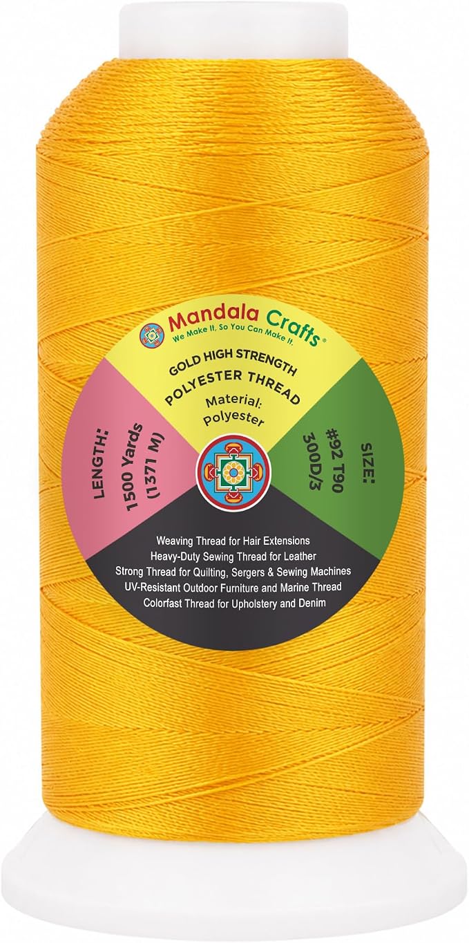Mandala Crafts Gold Tex 90 Polyester Heavy Duty Thread for Upholstery | 1500 Yds T90 UV Resistant Strong Thread for Leather Sewing, Marine, Drapery, Jeans, Hair Weaving & Extension, Outdoor