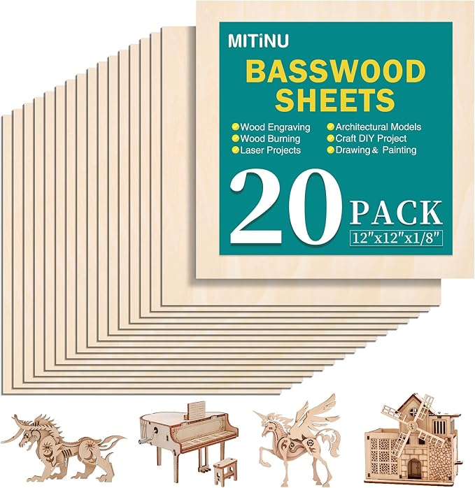 20 Pack Basswood Sheets for Crafts,12"x12"x1/8" 3mm Thick Plywood Sheets with Smooth Surfaces-Unfinished Squares Wood Boards for Laser Cutting, Wood Burning, Architectural Models, Staining