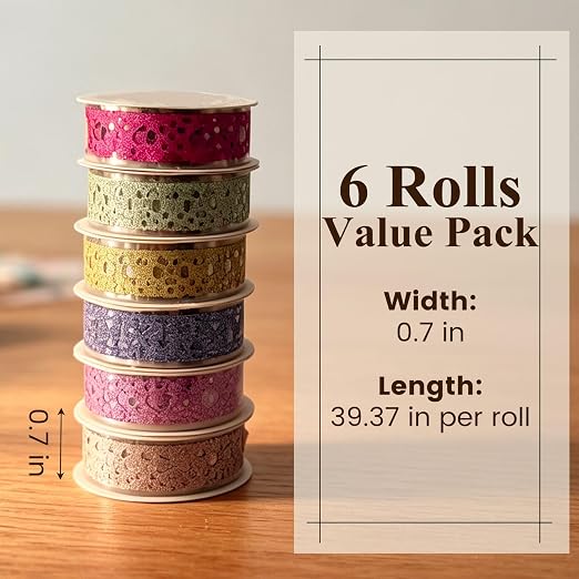 SallyFashion 6Rolls Glitter Lace Washi Tape Set, Decorative Scrapbook Tape | Self-Adhesive, 6 Colors, for Scrapbooking Supplies, Card Making, Aesthetic Journaling and DIY Craft Projects Gift Wrapping