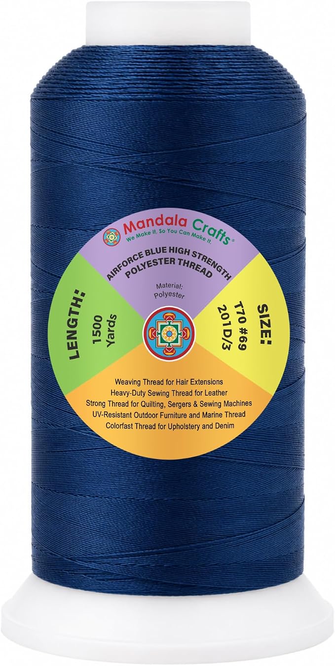 Mandala Crafts Airforce Blue Tex 70 Upholstery Polyester Heavy Duty Thread | 1500 Yds T70 UV Resistant Strong Thread for Leather Sewing, Marine, Drapery, Jeans, Hair Weaving & Extension, Outdoor
