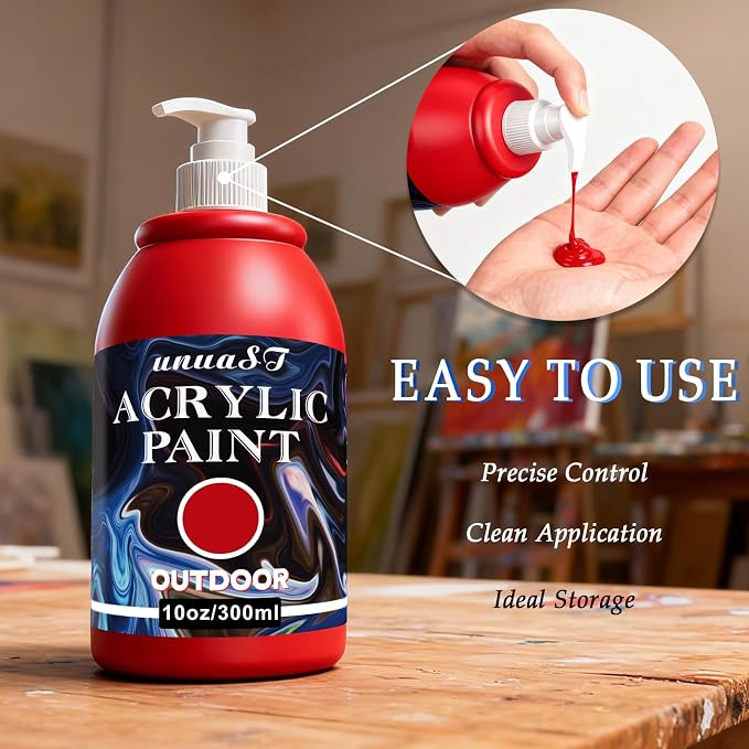 Outdoor Acrylic Paint Waterproof Set 10oz, 10 Color Outdoor Paint with Pump | Includes Pump, Richly Pigmented, 300ml, Waterproof Outdoor Acrylic Paint for Artists/Beginners on Rocks, Wood, Metal, Crafts