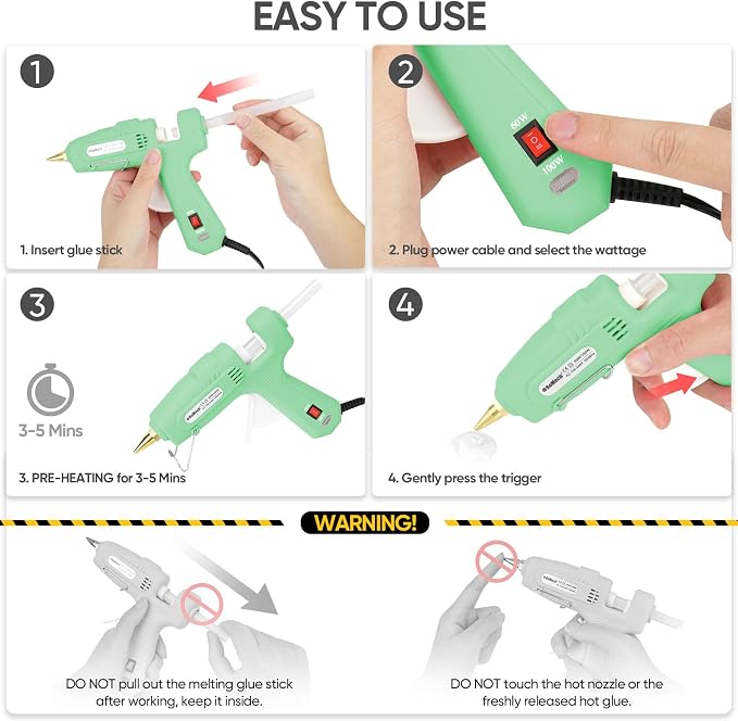 ROMECH Full Size Hot Glue Gun with 60/100W Dual Power and 21 Hot Glue Sticks (7/16"), Fast Preheating Heavy Duty Industrial Gluegun with Storage Case for Crafting, DIY and Repairs (Light Green)