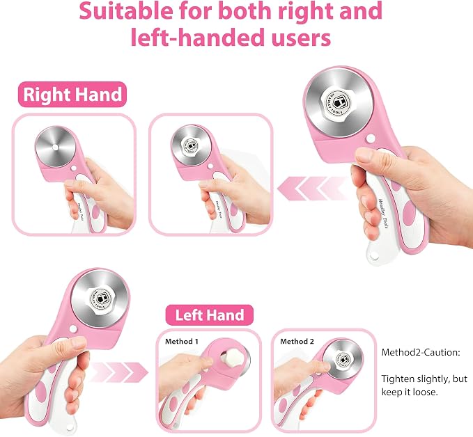 Headley Tools Rotary Cutter 60mm Upgraded with Bearing Design for Smoother and deeper cutting, Ergonomic Handle Rolling Cutter with Safety Lock for Fabric, Fabric, Leather, Crafting, Sewing, Pink