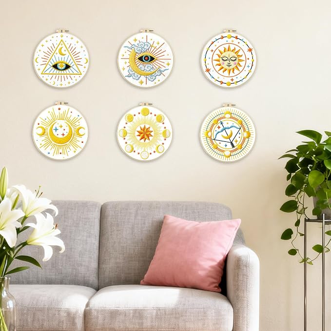 BEUNITONE 6Set Tarot Embroidery Kit for Beginners with Dreamy Pre-print Patterns, DIY Craft Kits for Adults Women with Embroidery Hoops and Full Kits, Needlepoint Kits for Home Decor and Gifts 20x20cm