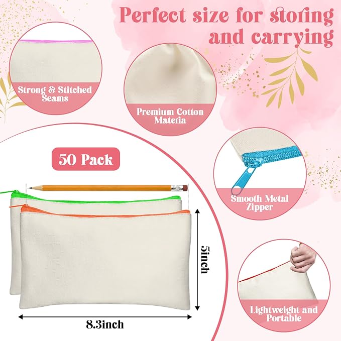 Legigo Blank Canvas Bags Zipper Pouch Makeup Bags Pencil Pouch Bulk | Multi-Purpose, Sturdy Canvas Pouch with Zipper, Cosmetic Travel Toiletry Bag for DIY Crafts, Gifts & Storage, 8.3 x 5 Inch