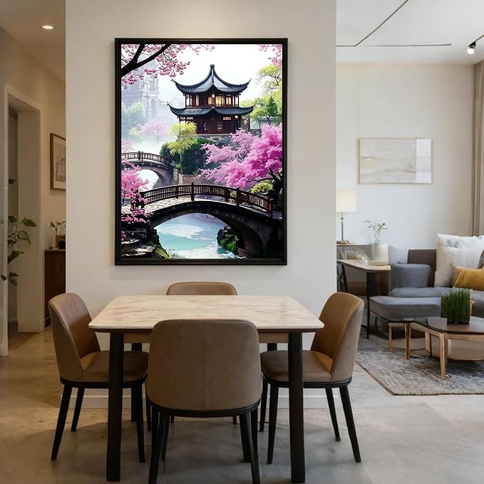 Cherry Blossom Paint by Numbers Kit for Adults with Frame & Easel 12x16in | 32 Colors, Adult Paint by Numbers, Japanese Scenery Canvas Paint by Numbers for Adults, DIY Acrylic Painting Kits on Canvas