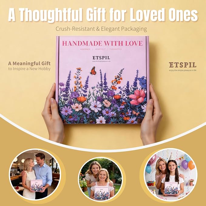 ETSPIL Embroidery Kit for Beginners, 4K Step-by-Step Video, Adults, Gift | 33 Stitches, No-Wash Pre-Printed Pattern, Magnetic Needle Minder, Bound Guide & Storage Tube - Calming Craft for Women