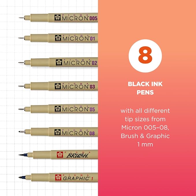 Sakura Pigma Micron, Graphic & Brush Fineline Pens, Archival Black Ink, 8 PK 30067 | Archival Black Ink Pens for Writing, Illustration & Journaling, Great for Artists, Crafters & DIY Gift Projects