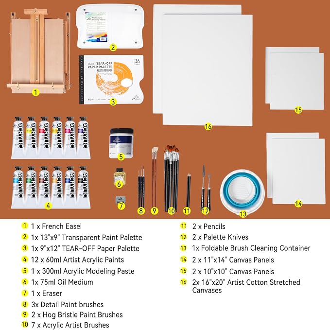 PHOENIX Complete Artist Acrylic Painting Set with Beechwood Foldable French Box Easel