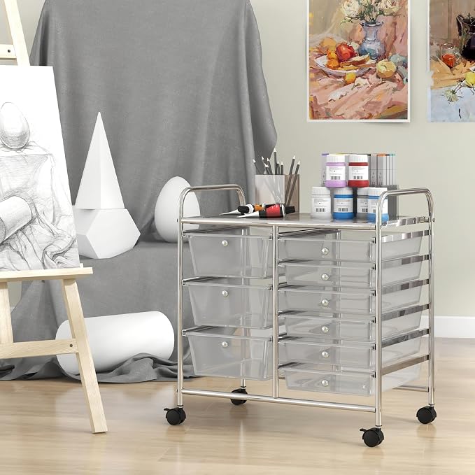 Giantex 9 Drawers Rolling Cart, Classroom Organizers, Storage Cart with Wheels, for Teacher Office Home School Supplies Tool Craft Art Paper, Clear