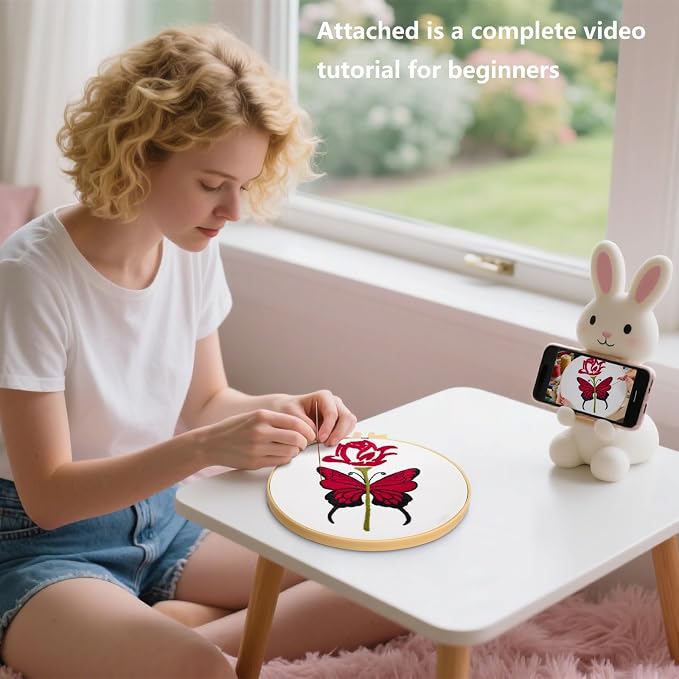 Butterfly Rose Embroidery Kits for Beginners Adults, Valentine's Day Hand Embroidery Kits, Cross Stitch Kits for Adult Anniversary Valentine's Gifts, Entire Set of Embroidery Supplies & Video Tutorial