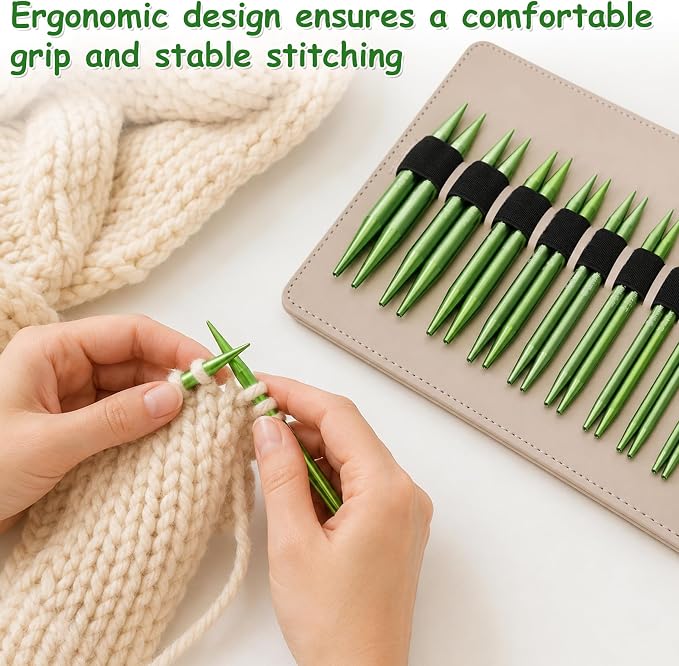 BeesMith 4-inch Circular Knitting Needle Set, 13 Pairs of Interchangeable Aluminum Knitting Needles 3mm-10mm with 5 Cables, Accessories & Green Case. Suitable for Various Smooth Knitting Projects