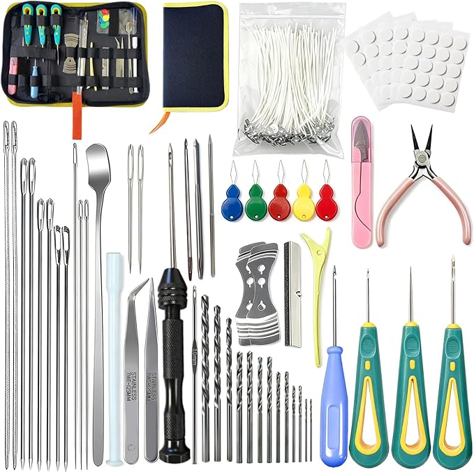 157PCS Professional Candle Making Kit with Soy Candle Wicks,7.9" Extra Long Big Hole Wicking Needle Hand Twist Drill Bits with Storage Bag,Mold Punch Set with Hook Eye for Inserting Candle&Mold Wicks