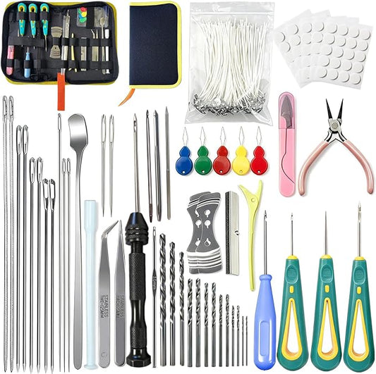 157PCS Professional Candle Making Kit with Soy Candle Wicks,7.9" Extra Long Big Hole Wicking Needle Hand Twist Drill Bits with Storage Bag,Mold Punch Set with Hook Eye for Inserting Candle&Mold Wicks