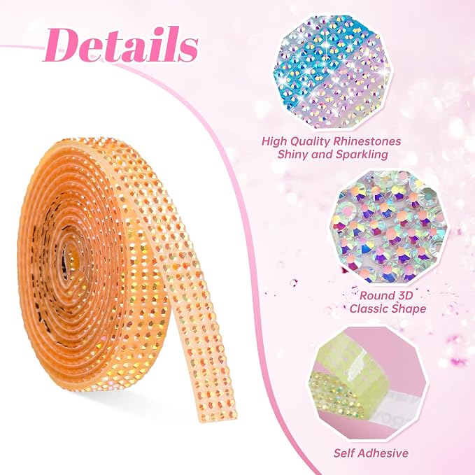 NiArt 6 Rolls Self Adhesive Rhinestone Ribbon 6 Yards DIY Bright Colors