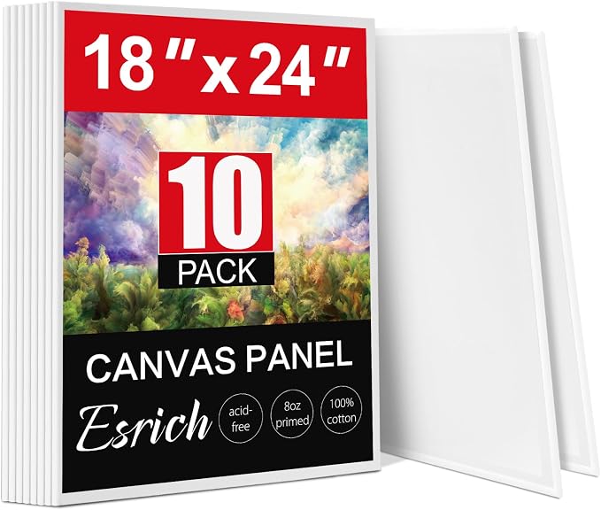 ESRICH Canvas for Painting 18x24 Inch, 10 Pack Canvas Boards for Painting Cotton Primed Acid Free Large Blank Canvases, Canvas Panels for Oil Paint, Watercolor, Acrylic Paint, Gouache and Tempera.