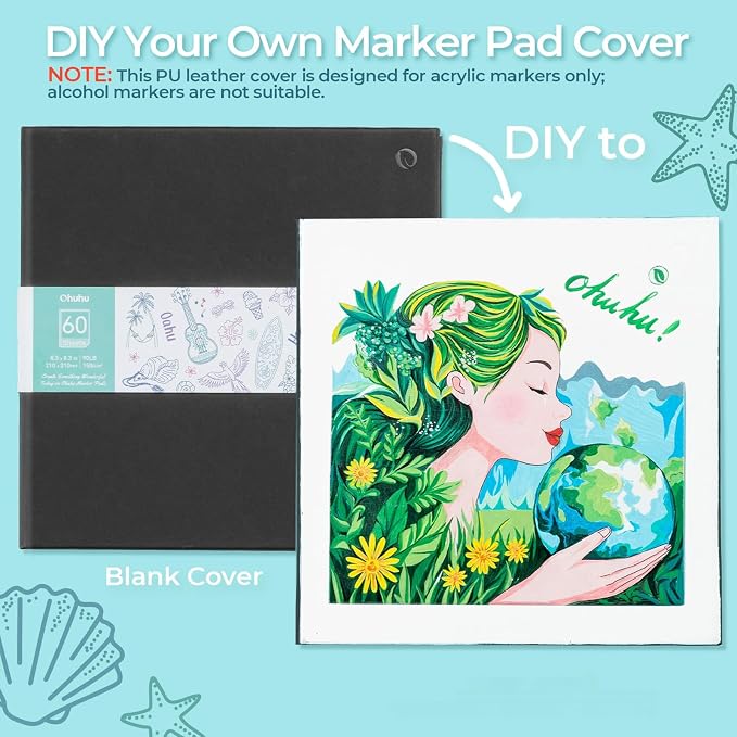 Ohuhu 8.3"x8.3" Double-Sided Bleedproof Marker Pad Art Sketchbook 60 Sheets | Square Sketch Book - 90 LB/150 GSM Smooth Drawing Paper -60 Sheets/120 Pages -Hardcover Sketch Pad for Alcohol Markers Paints