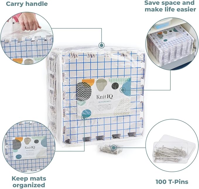 KnitIQ Standard 9-pc Set of Blocking Mats for Knitting & Crochet, Clear Bag