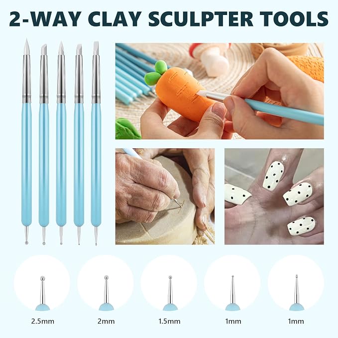 UUSYCUN 10PCS Silicone Clay Sculpting Tool, 2-Way Clay Shaper & Sculpter Brushes Tools for Modeling, Dotting, Polymer Clay, Pottery Crafts, Nail Art, Rock, Blending, Drawing, Air Dry Clay, Ceramics