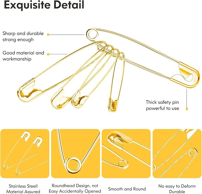 Huhuhero 340 Pack Safety Pins Assorted, 5 Different Sizes Pin Bulk, Gold