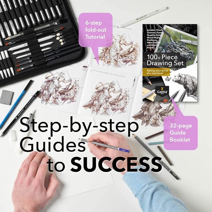 Castle Art Supplies 100 Piece Drawing Sketching and Charcoal Set for Adults | Graphite, charcoal, pastel, and metallic pencils, plus more extras - for professional and adult artists alike