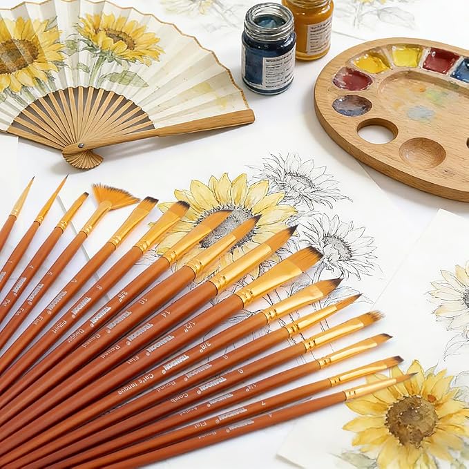 Transon 16 pcs Artist Paint Brush Set Versatile for Acrylic Painting Watercolor Painting Gouache Painting Brown Color