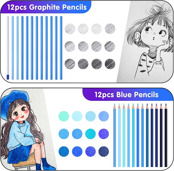 Professional Drawing Set,12 Colored Pencils,12 Graphite Pencils,Eraser,Case | Portable Travel Colored Pencil Case,Sketching Shading Blending Art Supplies,Gifts for Artists Adults Beginners.Blue Black