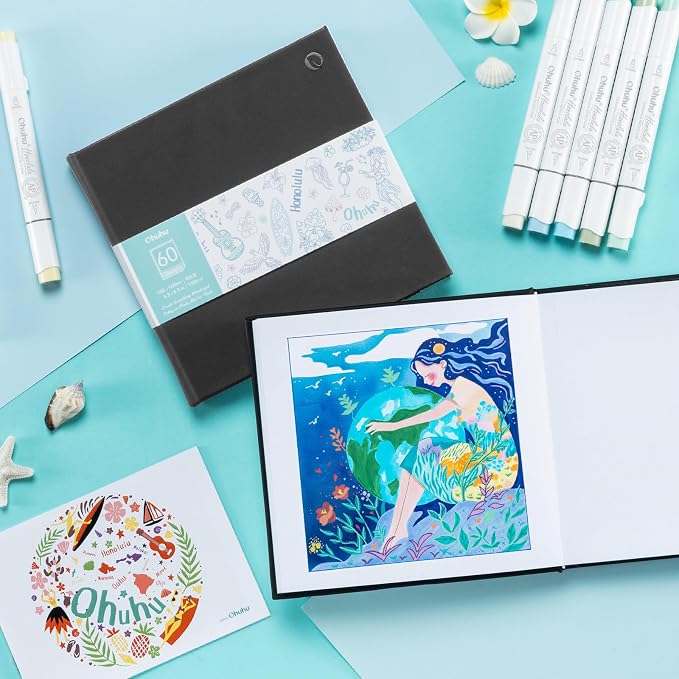 Ohuhu 8.3"x8.3" Double-Sided Bleedproof Marker Pad Art Sketchbook 60 Sheets | Square Sketch Book - 90 LB/150 GSM Smooth Drawing Paper -60 Sheets/120 Pages -Hardcover Sketch Pad for Alcohol Markers Paints