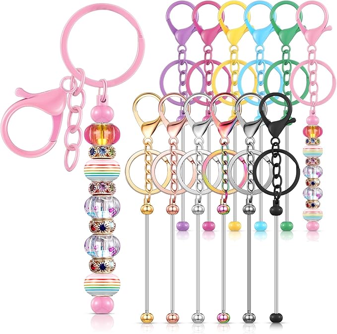 Tondiamo 12 Pcs Beadable Keychains Bars Bulk Blank Beaded Metal Keychain for Craft DIY Gift