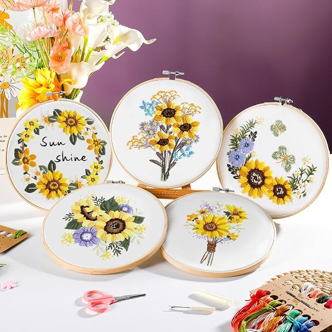 wtisan 5 Pack Embroidery kit for Beginners Adults DIY Starter Kit | Sunflower Gifts for Women Cross Stitch Kits with Embroidery Hoop, Tools,Colorful Threads,Hand Craft Lover Gift