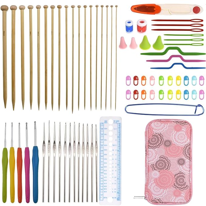 LOOEN Bamboo Knitting Needles Kit 36 Pcs Single Pointed Bamboo Knitting Needles 2.0mm-10.0mm Weaving Tools Knitting Kits (Pink Case)