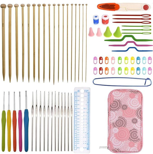 LOOEN Bamboo Knitting Needles Kit 36 Pcs Single Pointed Bamboo Knitting Needles 2.0mm-10.0mm Weaving Tools Knitting Kits (Pink Case)
