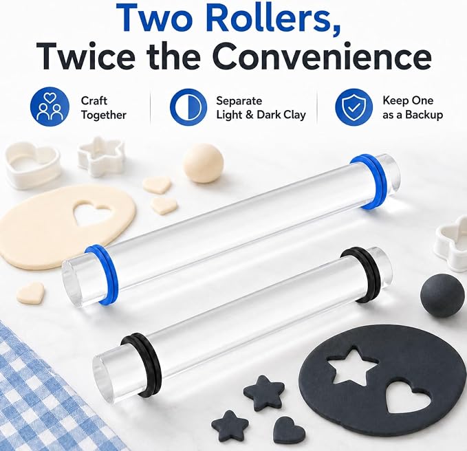 Diyoohomy Clay Rolling Pin Thickness Rings, Acrylic Roller Polymer Tools | Air Dry Clay Supplies Kit, Small Clear Roller with 3 and 5 Mm Adjustable Guides for Sculpting, Shaping, Jewelry Making Crafts