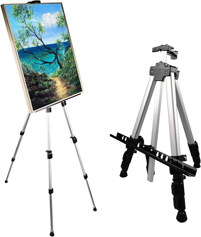 NS JYMB Easel Stand for Sign and Painting, 17-66 Inch Adjustable, Silver | Portable metal tripod easel for display stand, canvas holder, floor, poster board, wedding signs and travel use