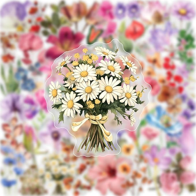 Transparent Flower Stickers 50Pcs for Scrapbooking PET Nature Plant Sticker Floral Stickers Colorful Vintage Craft Sticker for Journaling Scrapbooking Clear Flowers Decals(Colourful-F7)