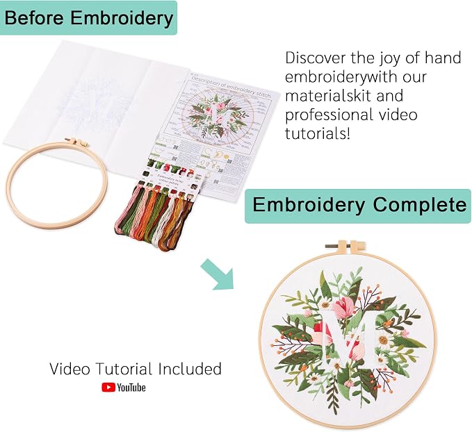 Harimau Letter M Pattern Embroidery Kit for Adult Beginners, Complete Starter Pack with 1 Hoop, Needles, Instruction Guide & Embroidery Stitch Video Tutorials
