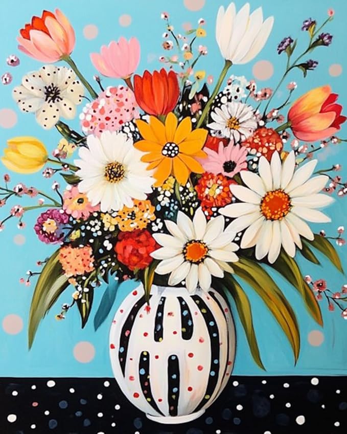 Abstract Flowers in Vase Oil Painting Paint by Number Kits 16 x 20 inch Canvas Colorful Flowers DIY Oil Painting for Kids Students Adults Beginner with Brushes and Acrylic Pigment (without Frame)