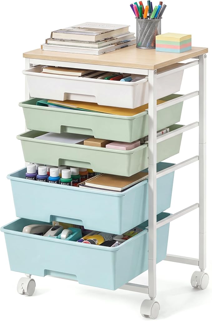 VASAGLE Rolling Cart with Drawers,5 Drawers Storage Cart, Green and White